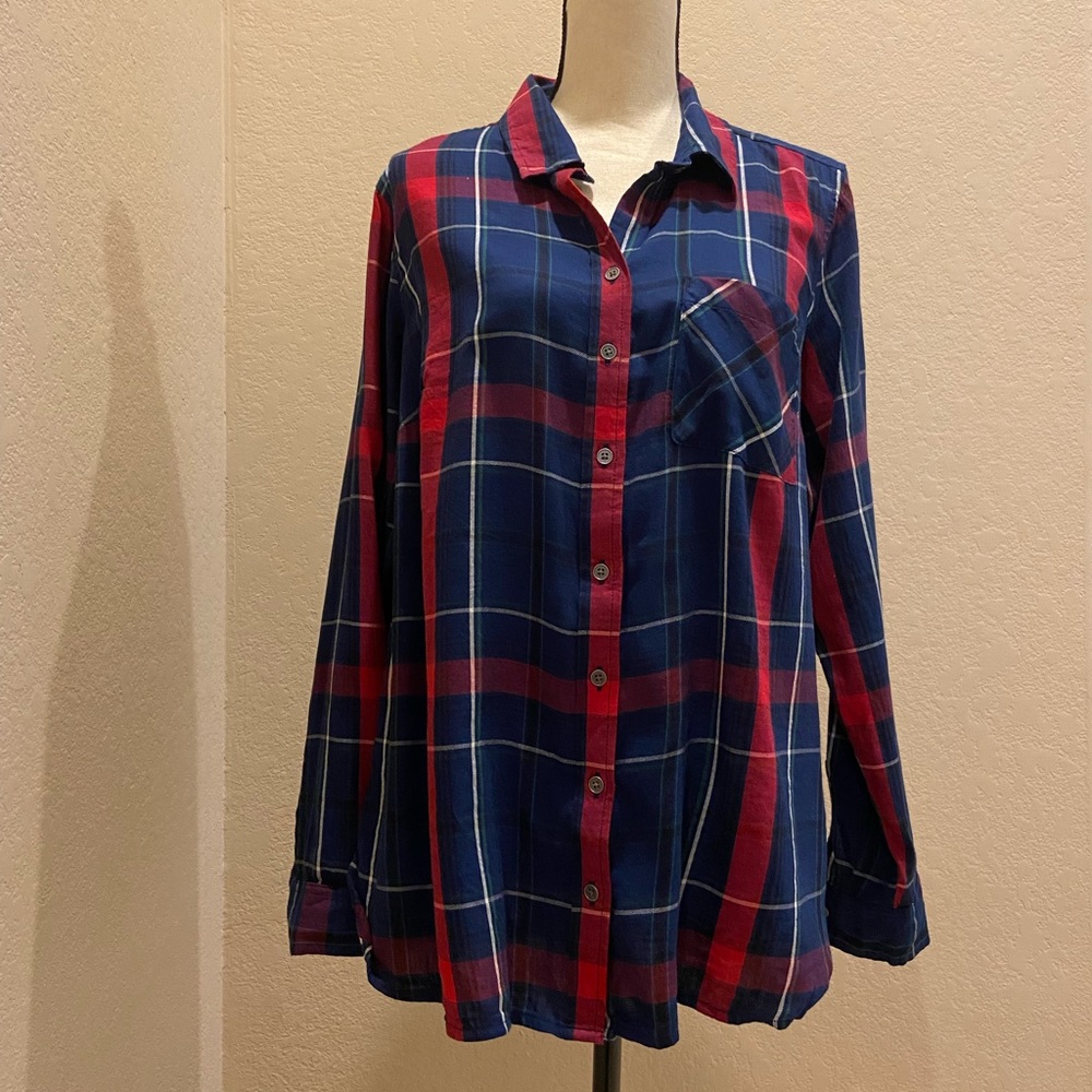 True Craft Women’s Woven Plaid Shirt Navy 1X